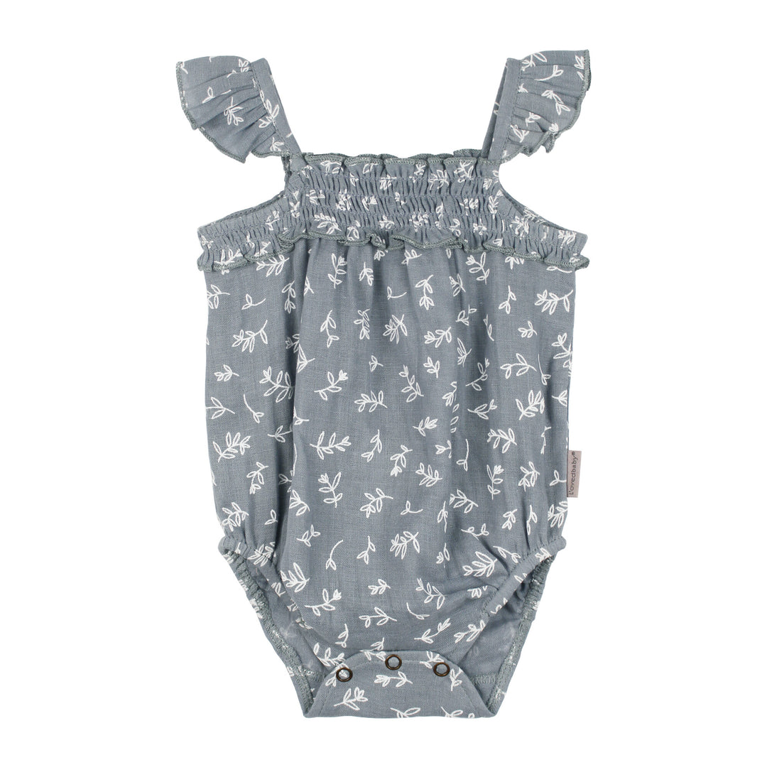 Organic Muslin Sleeveless Bodysuit in Twilight Leaves.