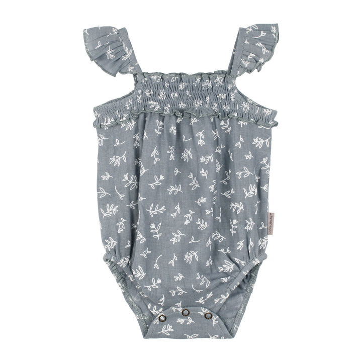 Organic Muslin Sleeveless Bodysuit in Twilight Leaves.