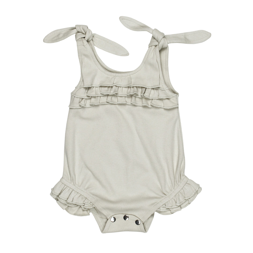 Ruffle Bodysuit in Stone, an off white color.