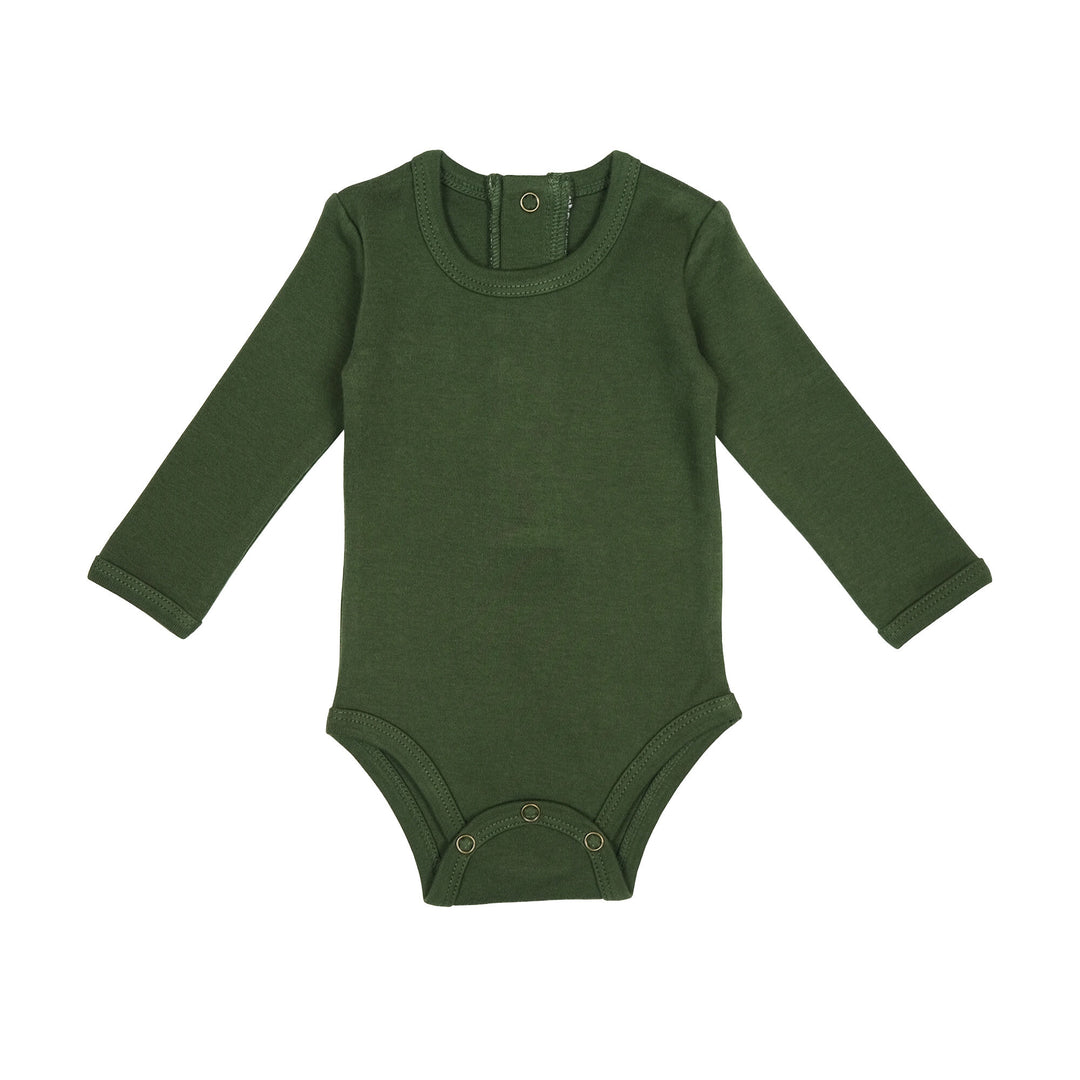 Organic Long-Sleeve Bodysuit in Forest, a deep green color.