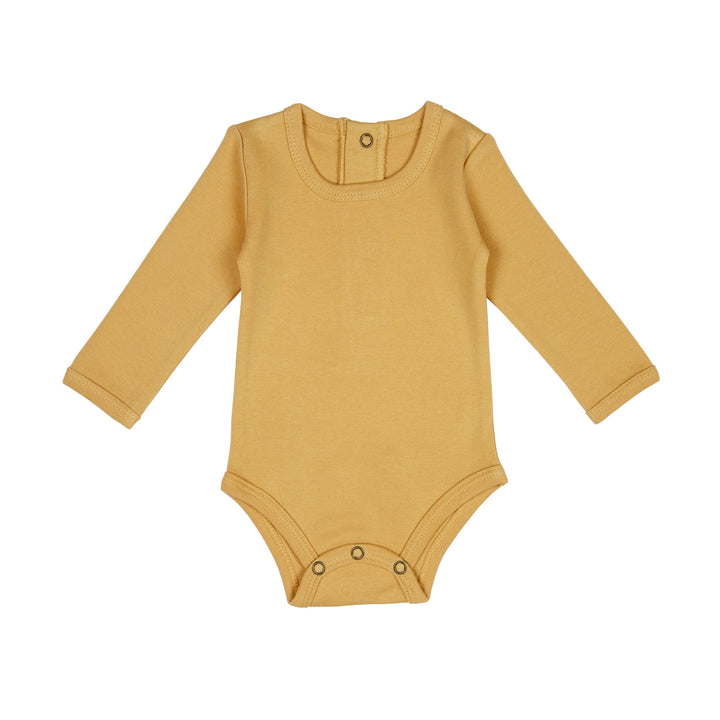 Organic Long-Sleeve Bodysuit in Honey, a mustard yellow color.