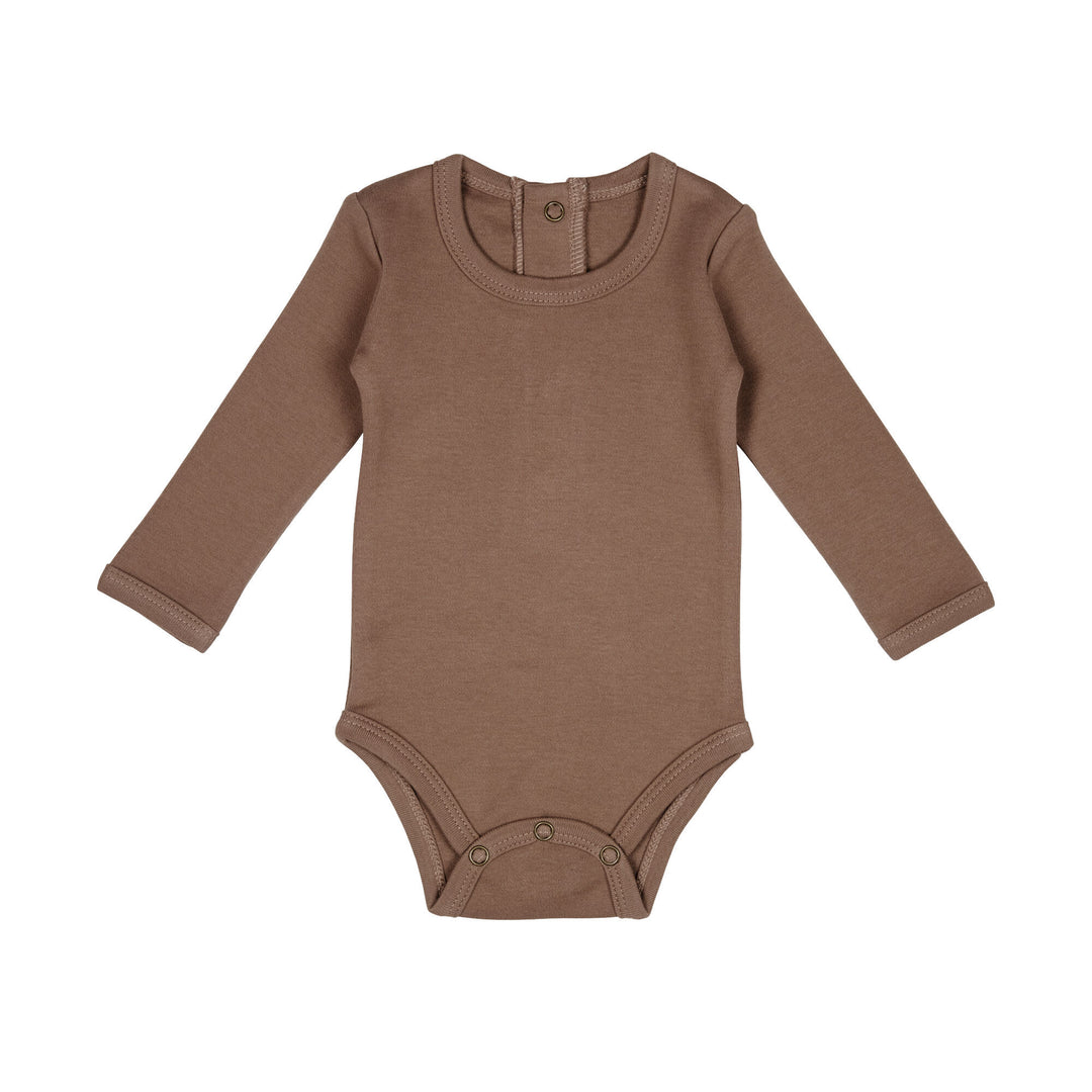 Organic Long-Sleeve Bodysuit in Latte, a medium brown color.