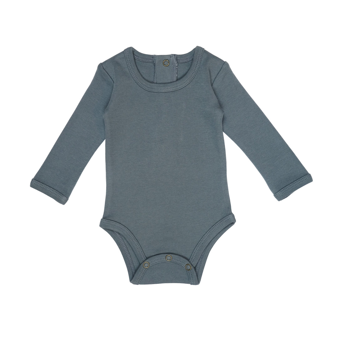 Organic Long-Sleeve Bodysuit in Moonstone, a gray blue color.
