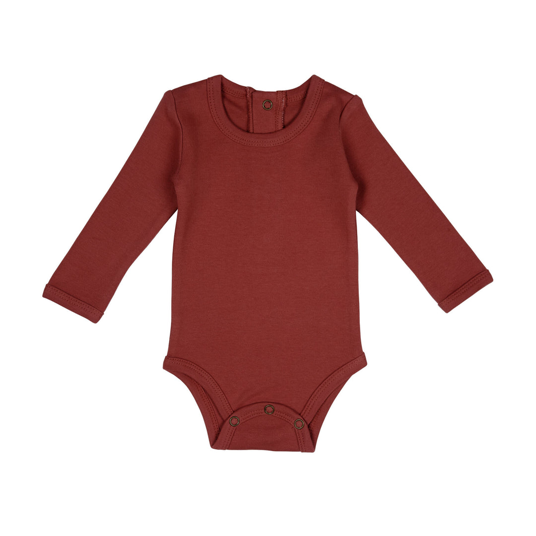 Organic Long-Sleeve Bodysuit in Spice, a reddish brown color.