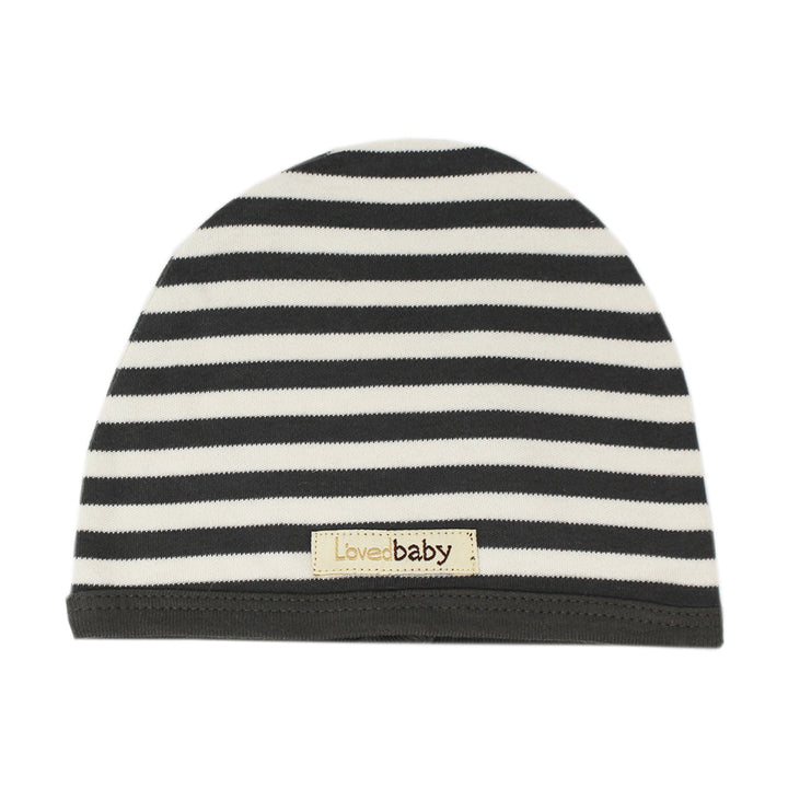 Organic Cute Cap in Gray/Beige, a gray and beige stripe pattern.
