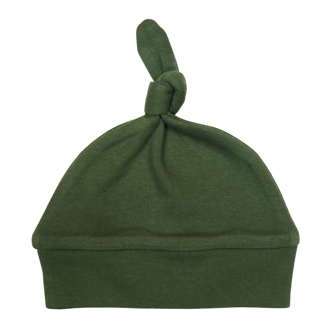 Organic Banded Top-Knot Hat in Forest, a deep green color.