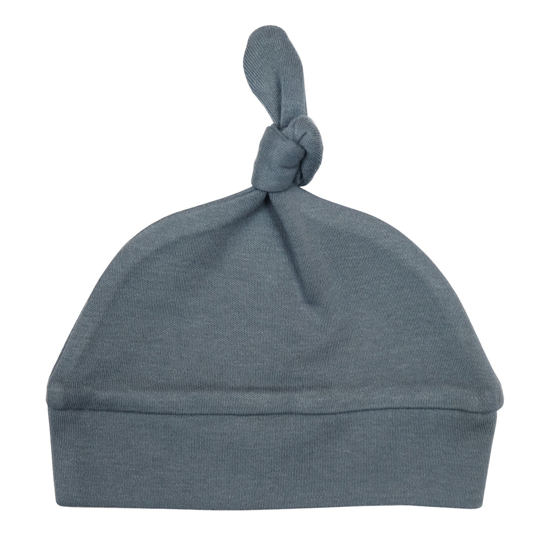 Organic Banded Top-Knot Hat in Moonstone, a gray blue color.