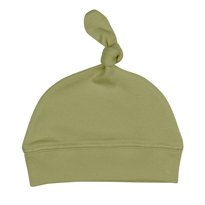 Organic Banded Top-Knot Hat in Sage, a medium green color.
