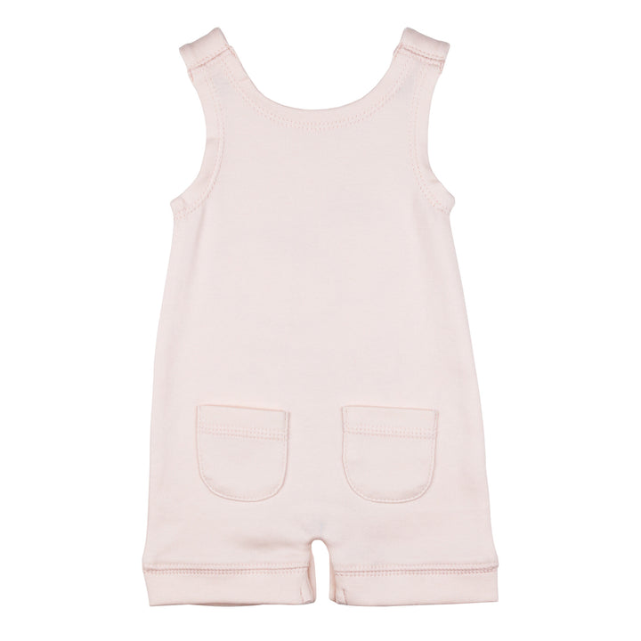 Back view of Organic Sleeveless Romper in Blush Tomatoes.