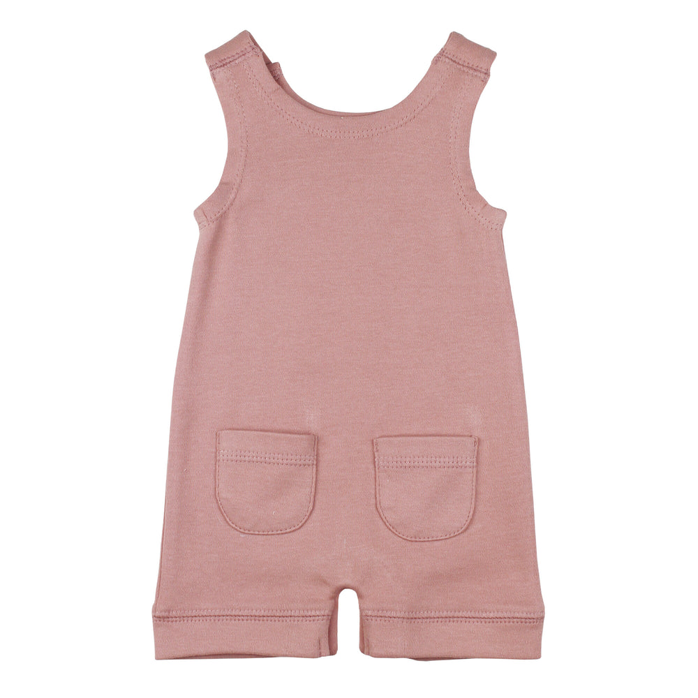 Back view of Organic Sleeveless Romper in Mauve Watermelon.