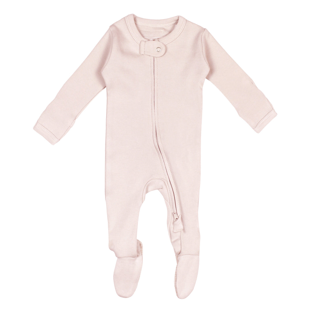 Organic 2-Way Zipper Footie in Blush, a pale pink color.