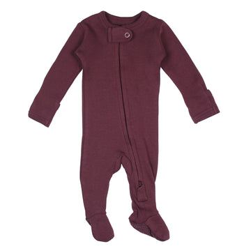 Organic 2-Way Zipper Footie in Plum, a dark purple color.