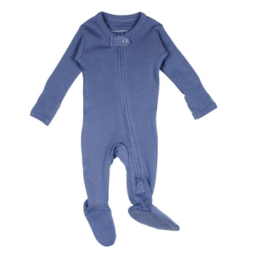 Organic 2-Way Zipper Footie in Slate, a medium blue color.