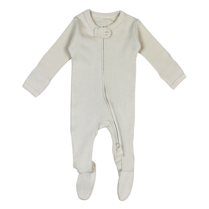 Organic 2-Way Zipper Footie in Stone, an off white color.