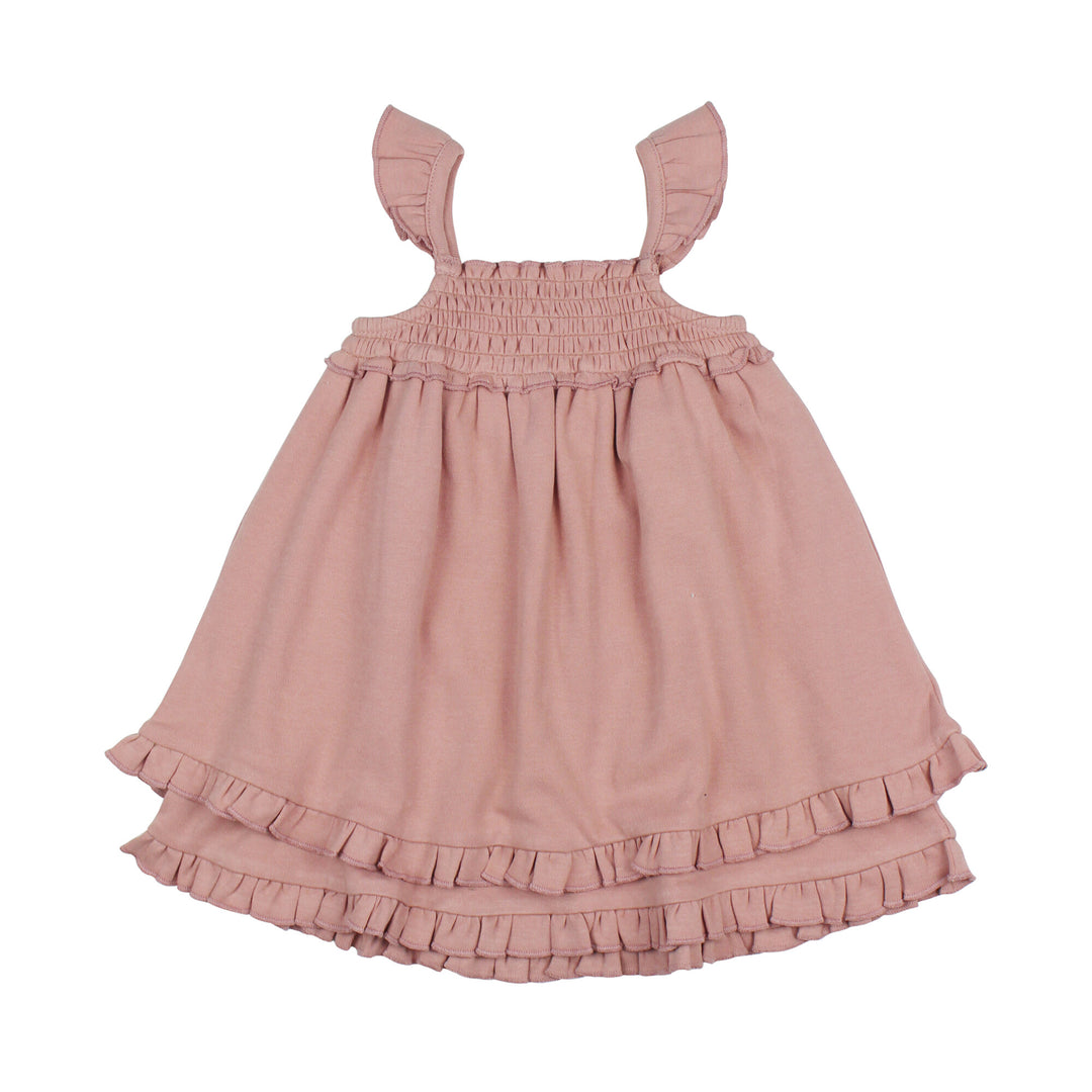 Smocked Summer Dress in Mauve, a medium pink color.