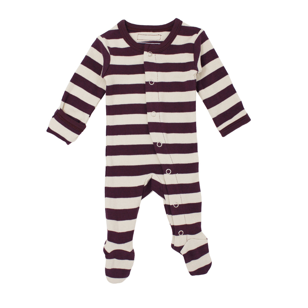 Organic Snap Footie in Eggplant/Stone Stripe, a deep purple and off white stripe pattern.