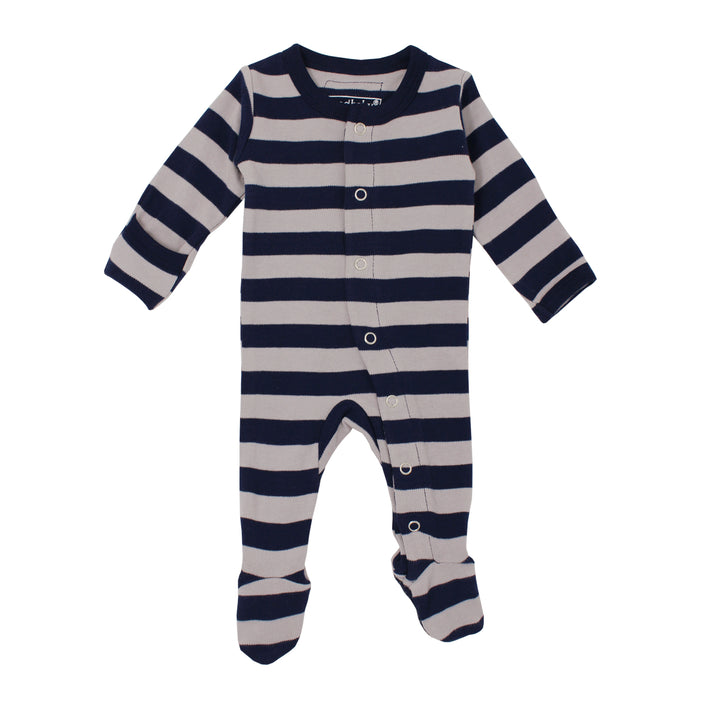 Organic Snap Footie in Navy/Light Gray Stripe, a dark blue and light gray stripe pattern.