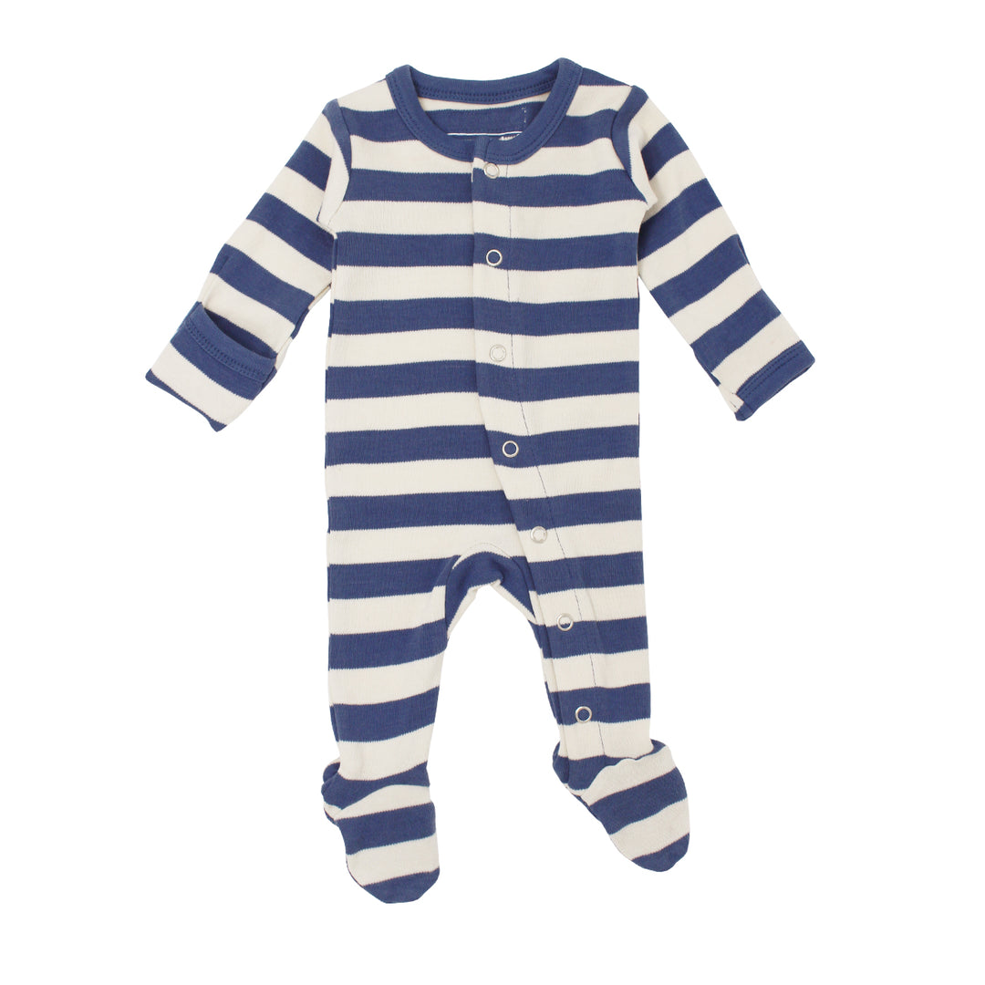 Organic Snap Footie in Slate/Beige Stripe, a blue and beige stripe pattern.