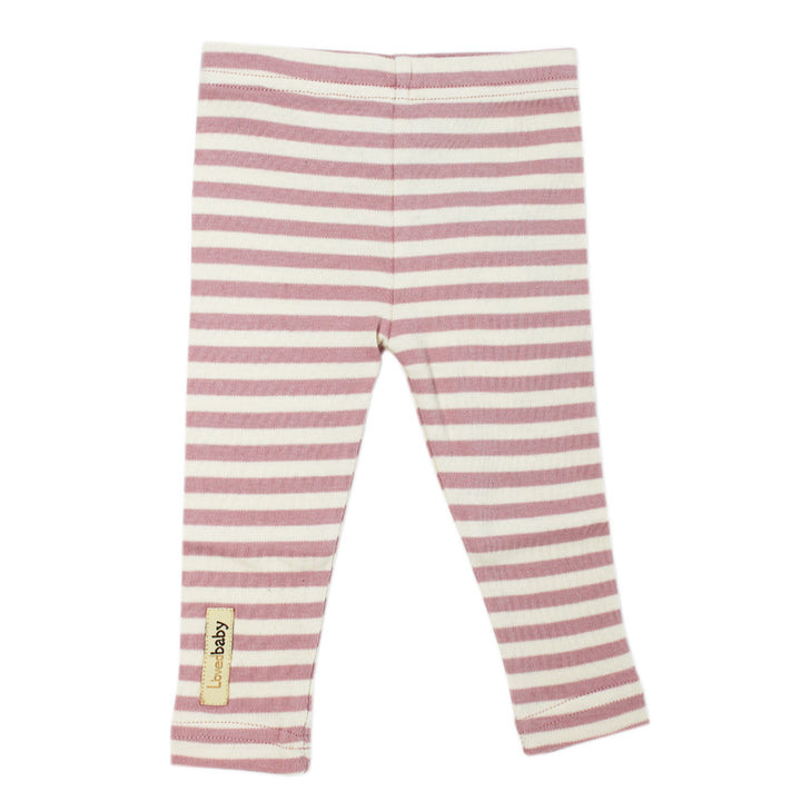 Organic Leggings in Mauve/Beige, a pink and beige stripe pattern.