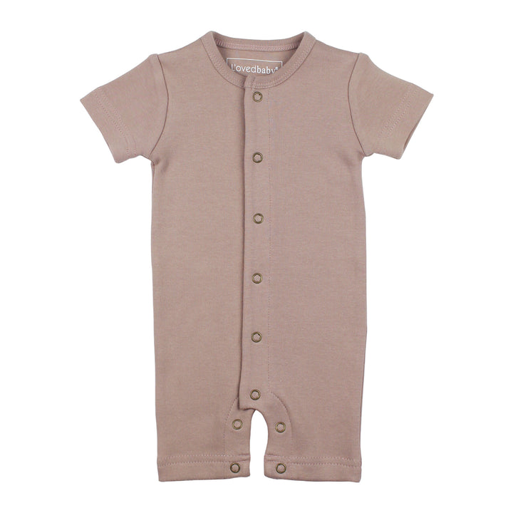 Organic Short-Sleeve Romper in Pinks, a trio of light pink, salmon pink, and medium pink.