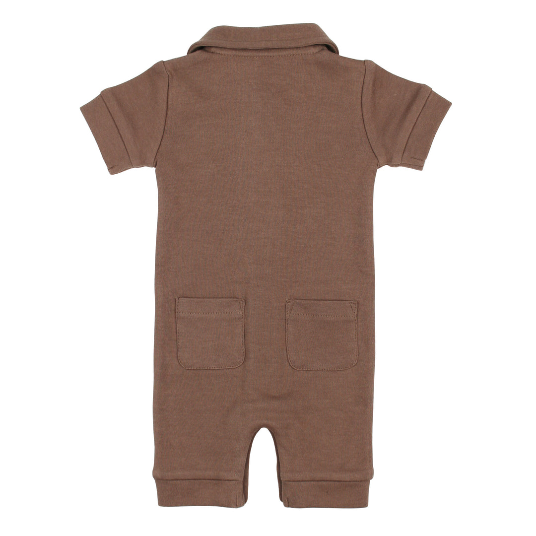 Back view of S/Sleeve Coverall in Latte, a medium brown color.
