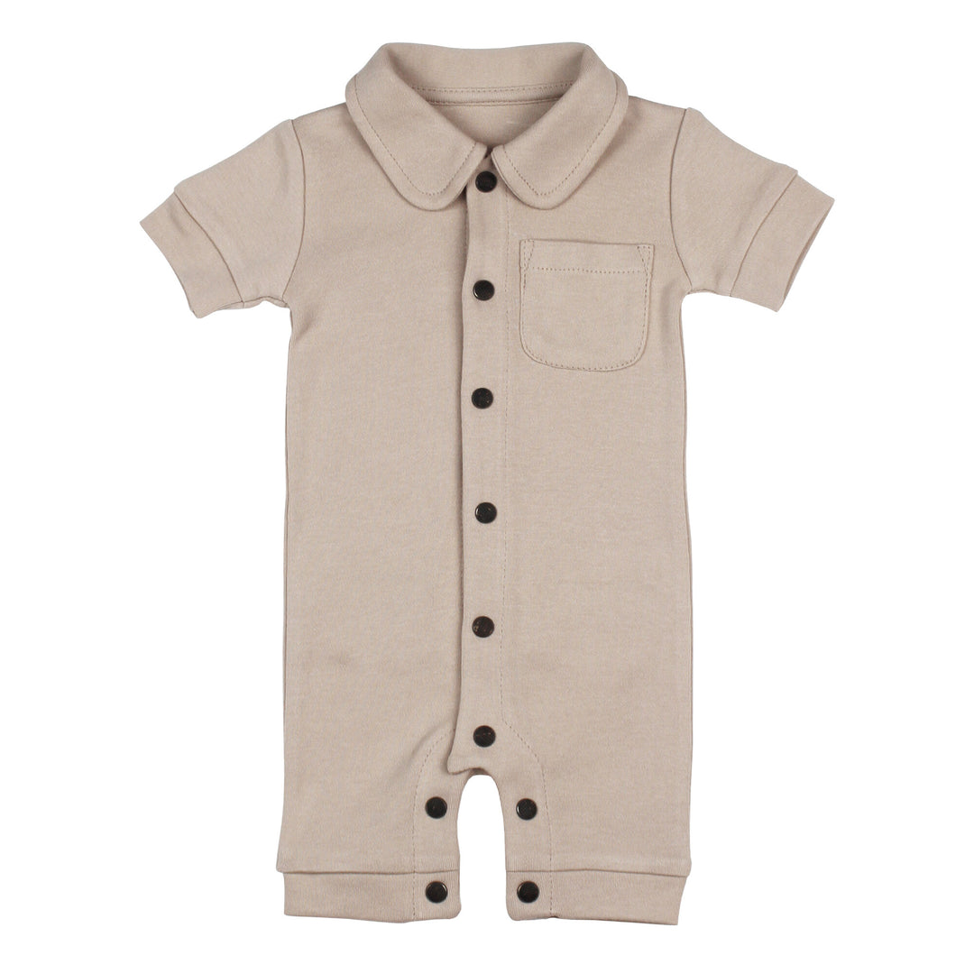 S/Sleeve Coverall in Oatmeal, a light tan color.