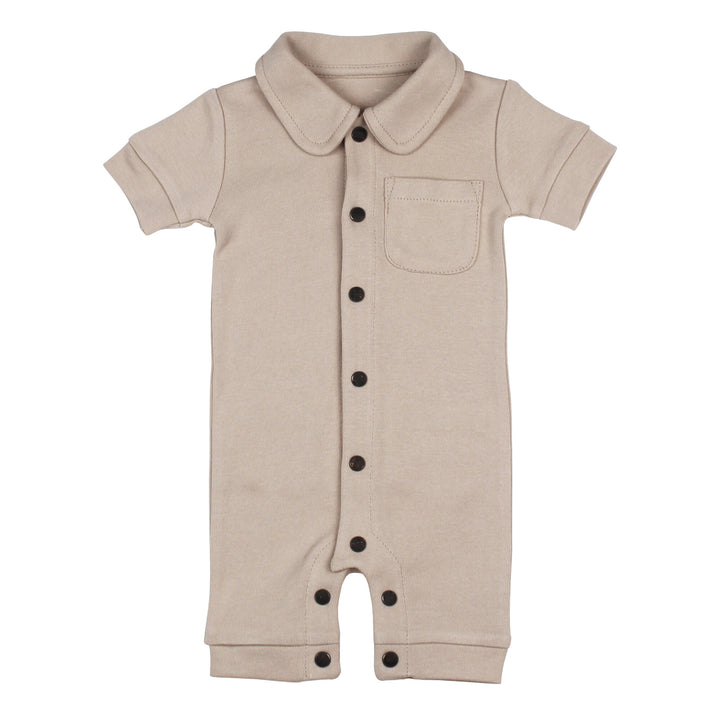 S/Sleeve Coverall in Oatmeal, a light tan color.