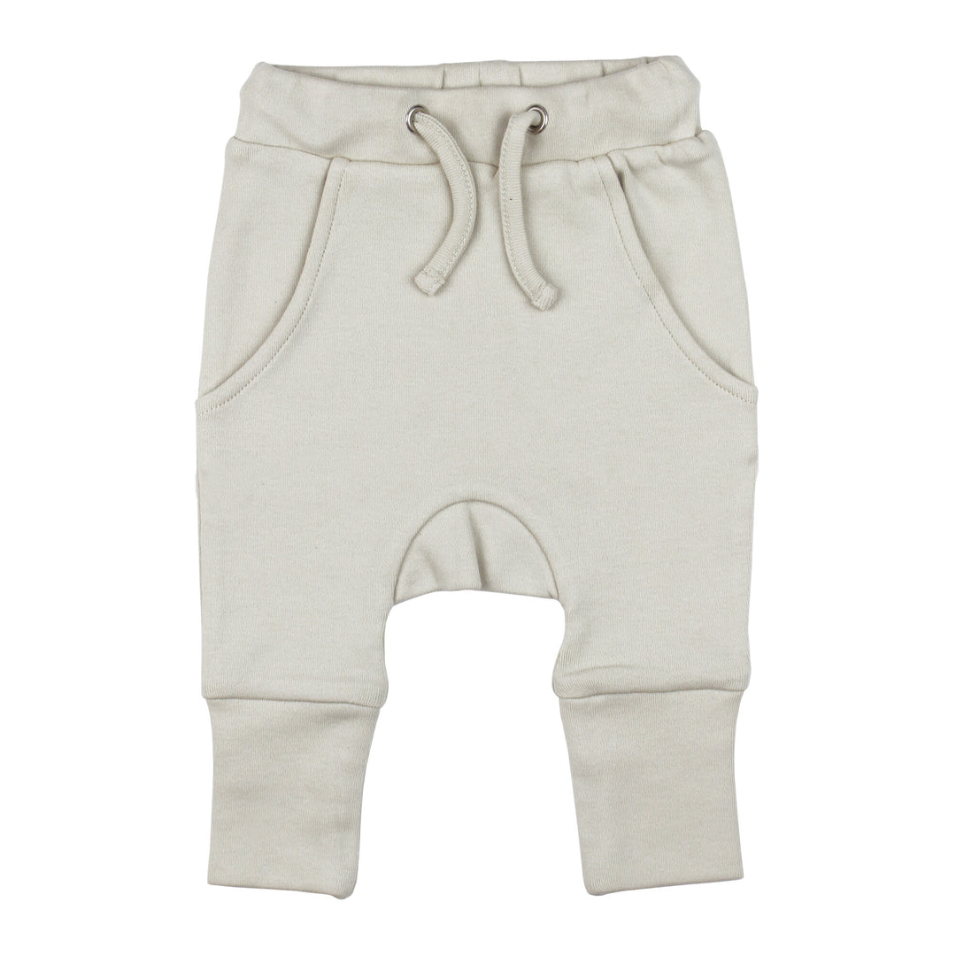 Harem Joggers in Stone, an off white color.