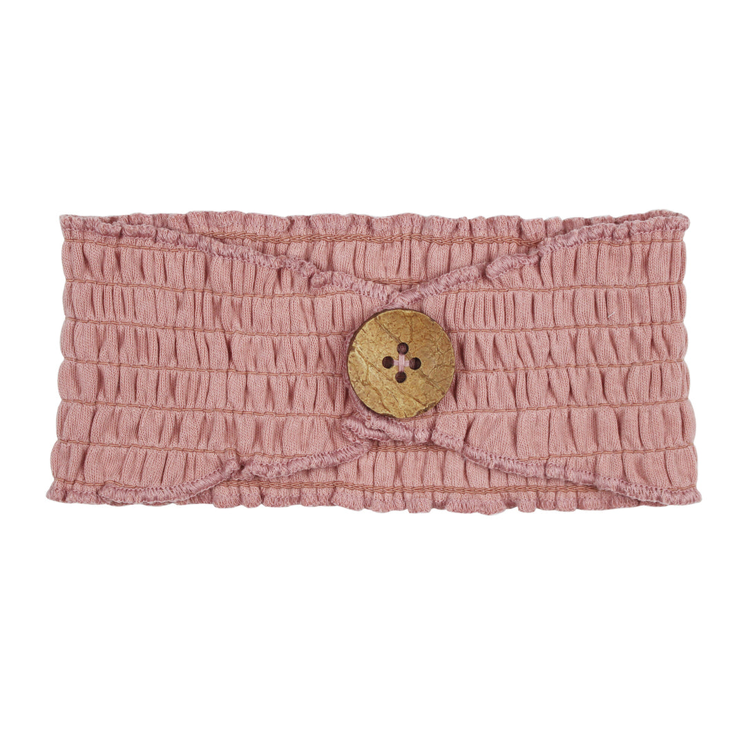 Button Headband in Mauve, a medium pink color.