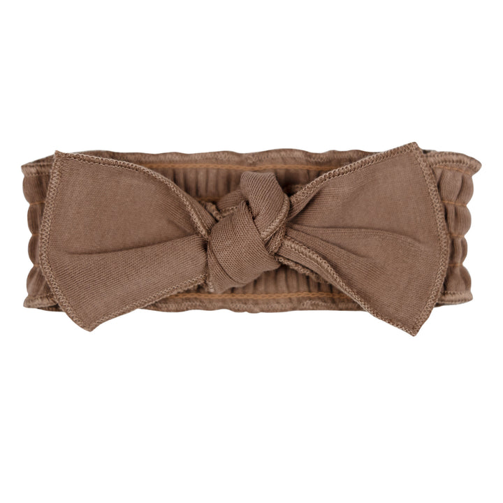 Organic Smocked Tie Headband in Latte, a medium brown color.