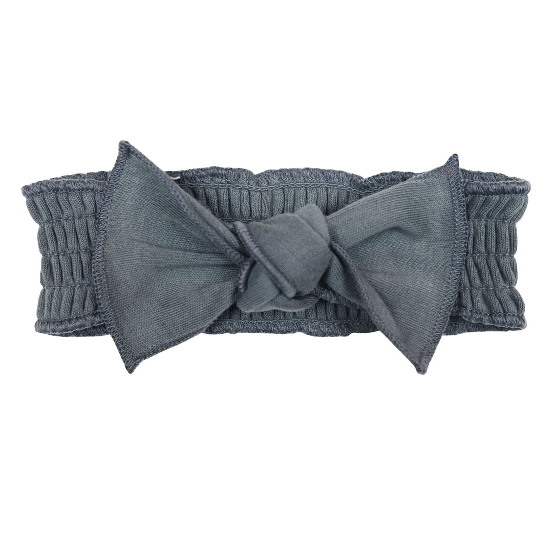 Organic Smocked Tie Headband in Moonstone, a gray blue color.