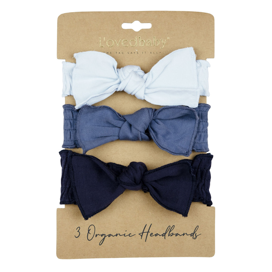 Organic 3-Piece Headband Gift Set in Baby Blues, a trio of off light blue, dark blue and navy