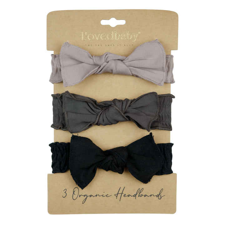 Organic 3-Piece Headband Gift Set in Gray for Days, a trio of off light gray, dark gray and black.