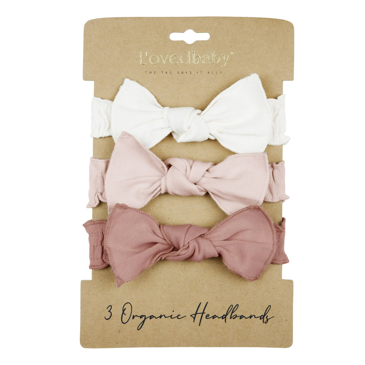 Organic 3-Piece Headband Gift Set in Think Pink, a trio of white, light pink and dark pink.