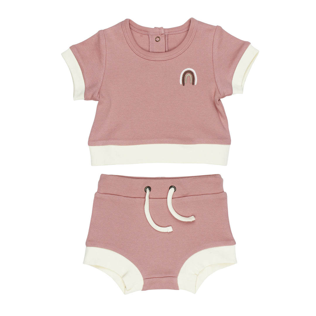 Embroidered Tee & Shortie Set in Mauve Rainbow.