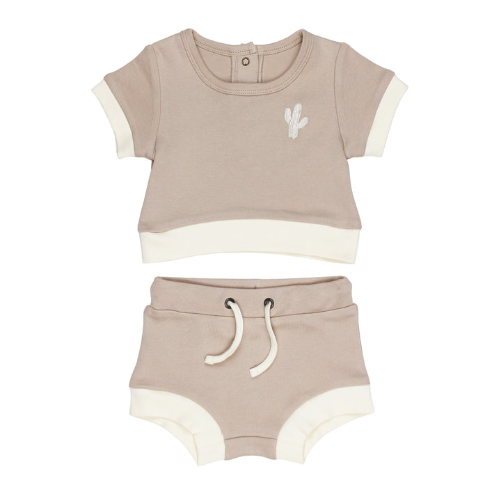 Embroidered Tee & Shortie Set in Oatmeal Cactus.