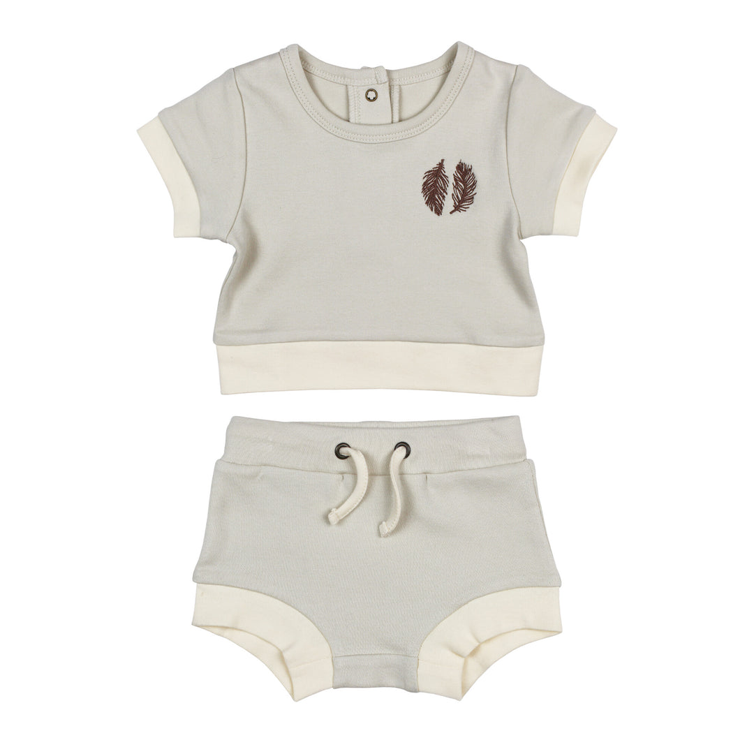 Embroidered Tee & Shortie Set in Stone Feather.