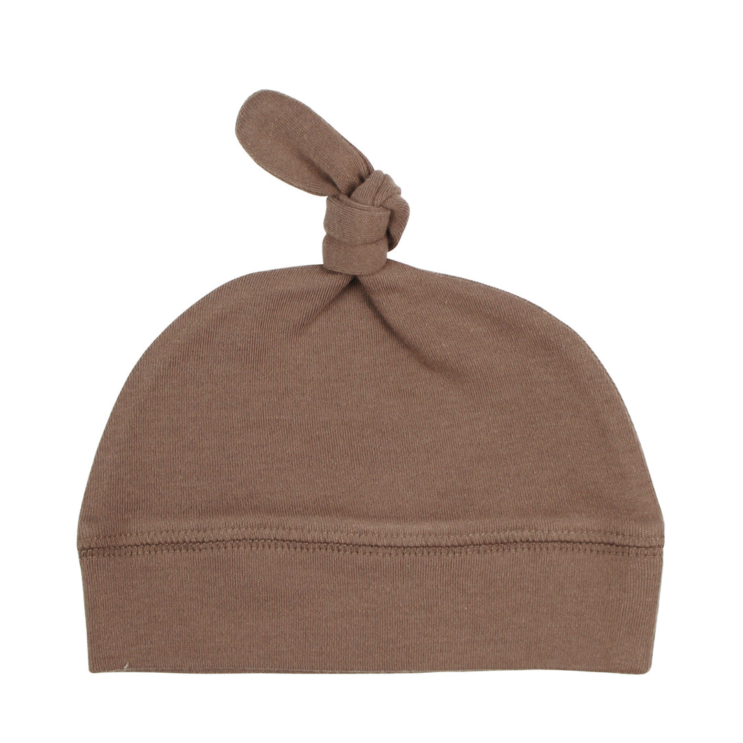 Top-Knot Hat in Latte, a medium brown color.