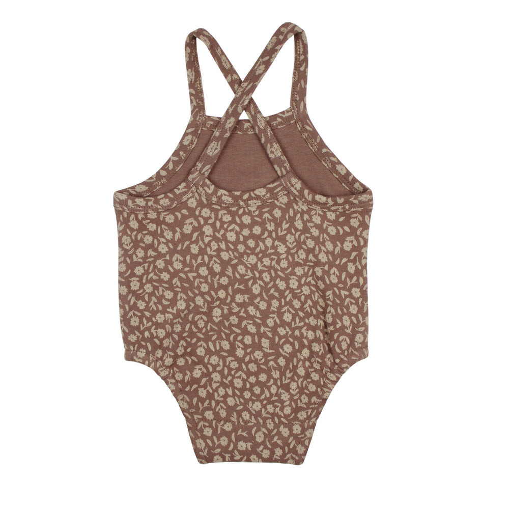 Back view of Printed Criss-Cross Bodysuit in Latte Floral.