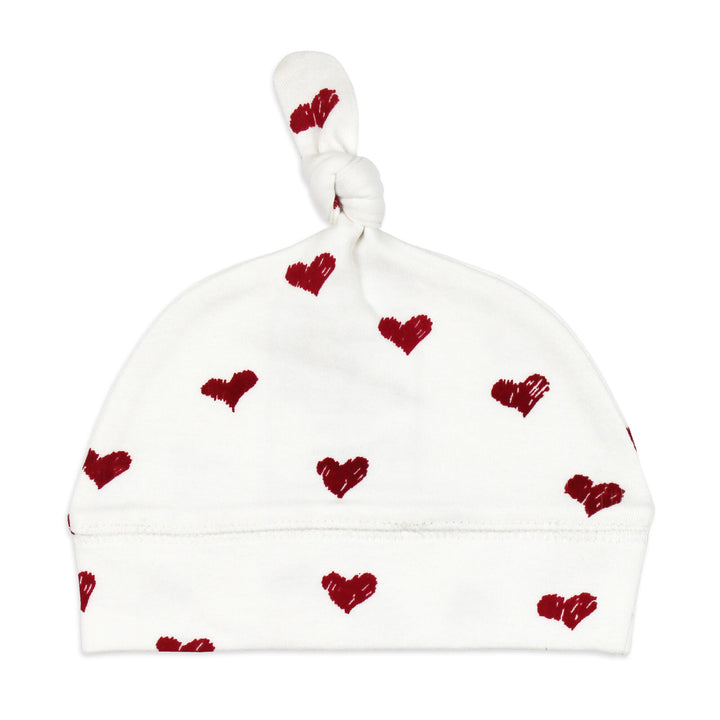 Organic Banded Top-Knot Hat in Crimson Hearts.