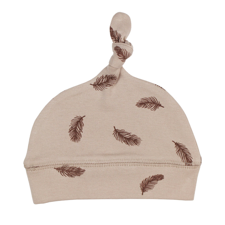 Printed Banded Top-Knot Hat in Oatmeal Feather.