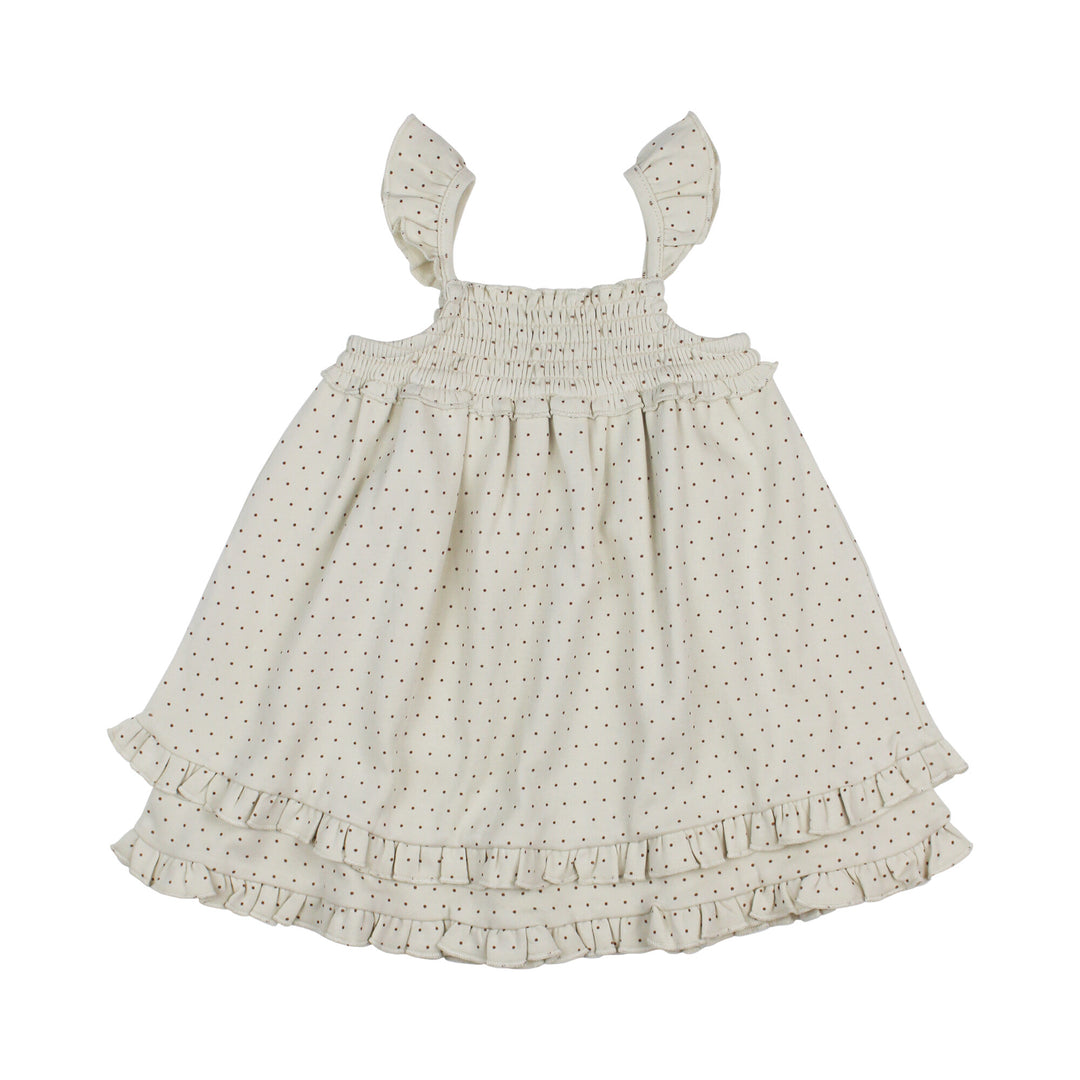 Printed Smocked Summer Dress in Stone Dot.