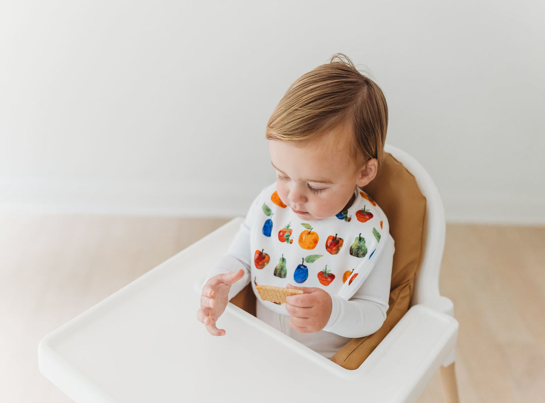 Child wearing Organic 2-Layer Reversible Bib in Fruit.