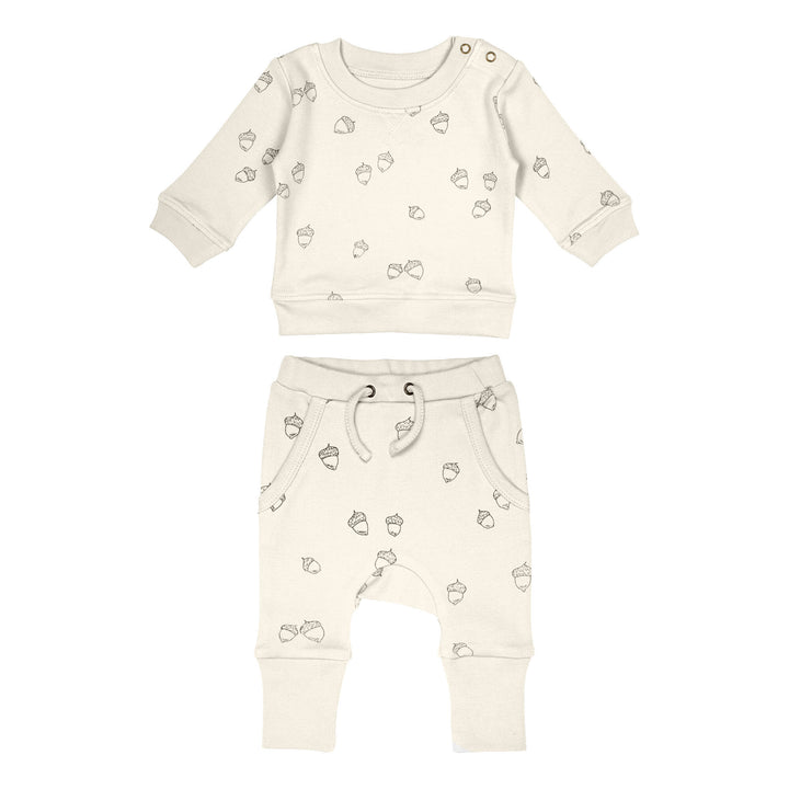 Printed Sweatshirt & Jogger Set in Buttercream Acorn, a light beige fabric with brown printed acorns.
