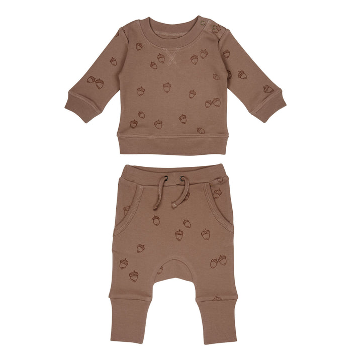 Printed Sweatshirt & Jogger Set in Latte Acorn, a medium brown fabric with dark brown printed acorns.
