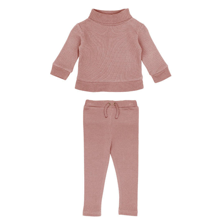 Organic Pique Mock-Neck Sweater & Pant Set in Mauve, a medium pink color.