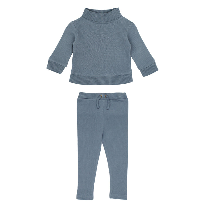 Organic Pique Mock-Neck Sweater & Pant Set in Pool, an ocean blue color.