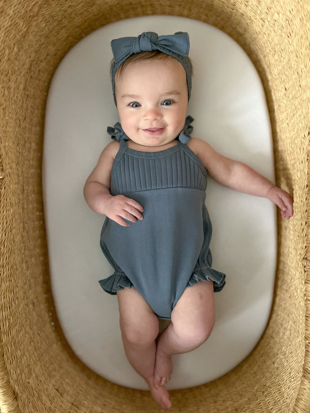 Child wearing Ribbed Tie-Shoulder Bodysuit in Dolphin.