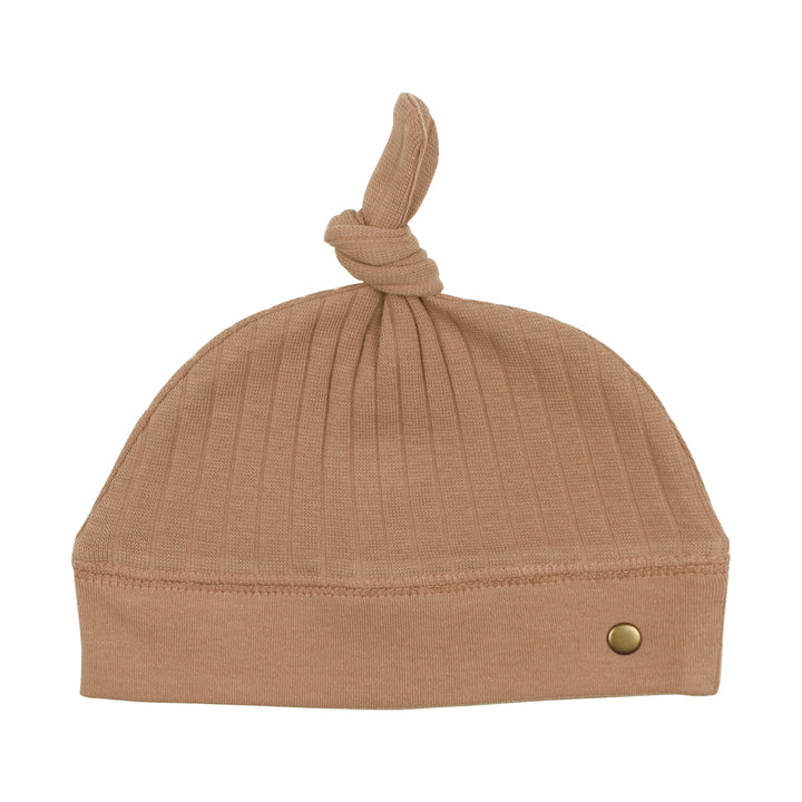Ribbed Top-Knot Hat in Adobe, a tan clay color.