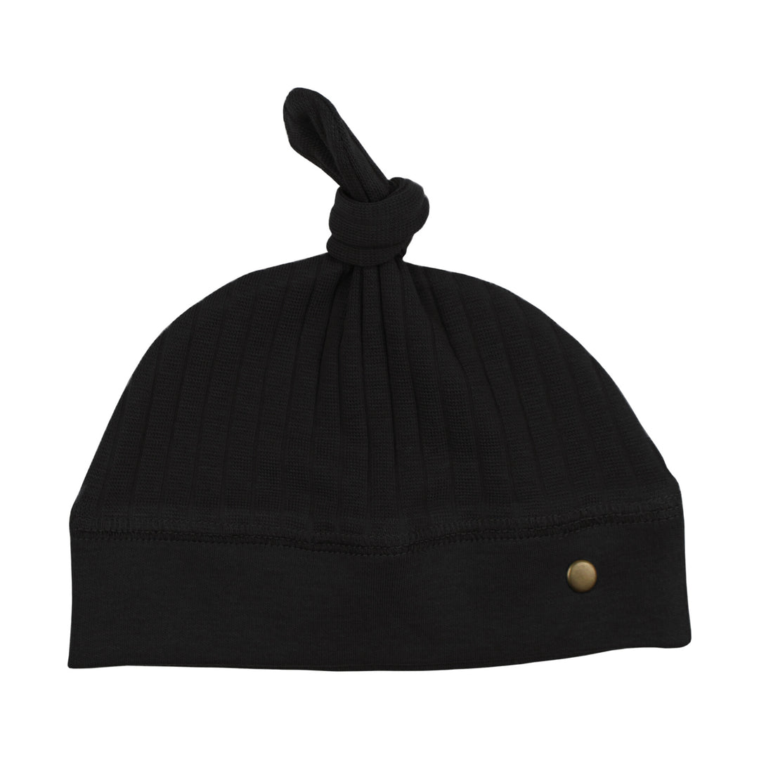 Organic Ribbed Top-Knot Hat in Black